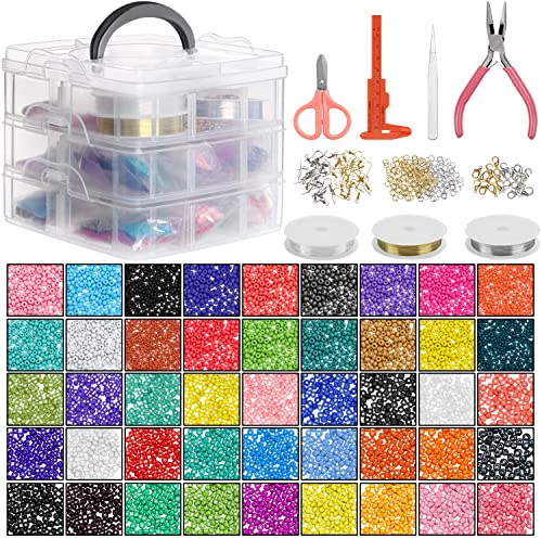 HANDI STITCH 26880 Pièces Kit Creation Bijoux Perles Rocailles avec Outils et Boîte de Rangement - Perles Verre de Couleur Variées, Ficelle Élastique, Ciseaux, Pince et Pincette pour Bracelets