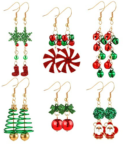 Naler Boucles d'Oreilles Noël, Lot de 6 Paires Bijoux Ensemble Percée Femme Fille, Arbre Clochette Jingle Bells Père Noël Motif Mixte