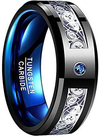 Corato 8mm Wolfram Verlobung Ring with Keltische Dreifachspirale and Blau Zirkonia Inlay Schwarz Partnerring für Herren Damen Abgeschrägte Kante Größe 58(18.5)