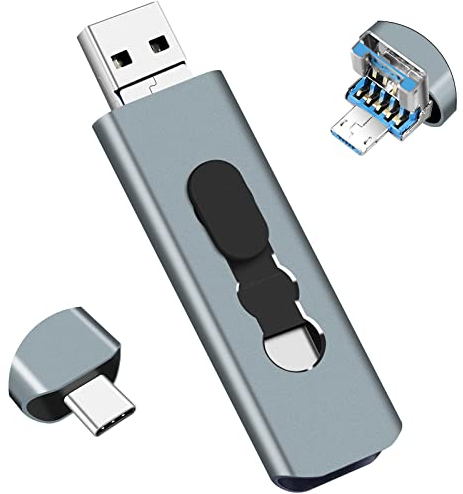 Memoria USB 3.0 128GB Unidad Flash USB 3-en-1 para Teléfonos, BorlterClamp Pendrive OTG Flash Drive con 3 Puertos (USB C/microUSB/USB 3.0) para PC, Portátil, Samsung Galaxy y Otros Teléfonos Android