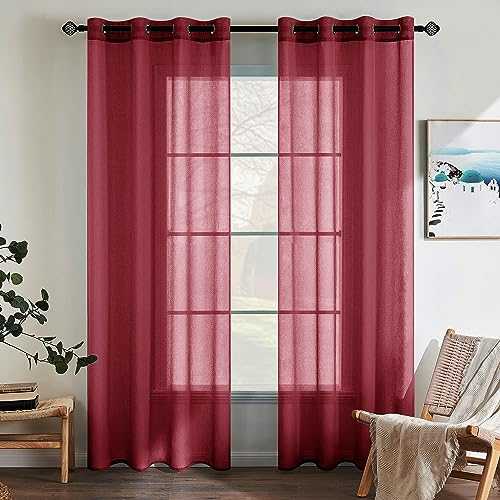 EMEMA 2er Set Sheer Voile Vorhang mit Ösen Transparente Gardine aus Voile Polyester Ösenschal Transparent Wohnzimmer Luftig Dekoschal für Schlafzimmer 140 X 137 cm Rot