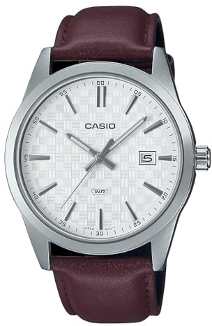 Casio MTP-VD03L-5A Herren-Armbanduhr, Standard, braunes Lederband, weißes Zifferblatt, 3-Zeiger-Analoguhr