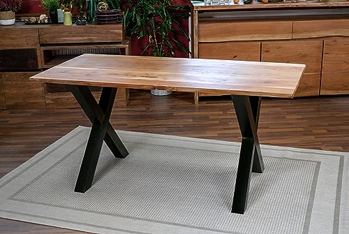 SAM Esstisch 160x85 cm Palermo, Akazienholz massiv + naturfarben, Esszimmertisch mit gerader Kante, Holztisch mit schwarzem X-Gestell, Industrial-Design, Tischplatte 26 mm
