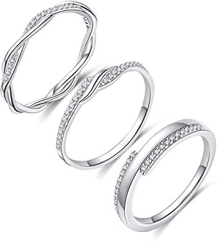 FUNEIA 3 Stück Ring Silber Damen Frauen Stapelbare Ringe Set 18 Karat Weißgold Ehering Verlobungsring Trauringe Weiß Zirkonia Fingerring Knöchelringe Schmuck Größe 49-62 (Silber Set, 57(18.1))