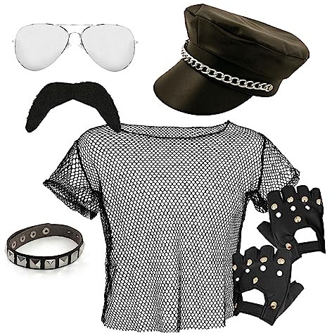 YMCA 70er Jahre Macho Man Zubehör Set - Klein - Schwarzes Mesh Top Biker Hut Sonnenbrille Nieten Armband Fingerlose Handschuhe - Erwachsene Gay Biker Kostüm