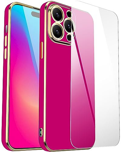AICase Custodia Compatibile con iPhone 15 Pro, con Protezione Completa Obiettivo Fotocamera + Proteggi Schermo in Vetro, Custodia Sottile e Morbida Antiurto per Ragazze_Rosa Caldo
