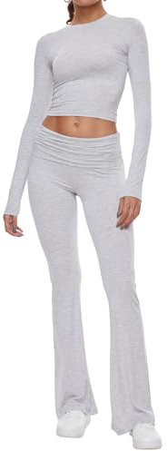 AnotherChill Damen 2 Stück Lounge-Sets Folding Flare Hosen Set Langarm Cropped Top Freizeitkleidung Pyjamas, light grey, X-Small Petite