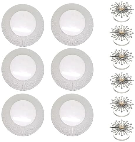 Trimming Shop Elegant 13 Inch Round Silver Checkered Glass Charger Plates with Matching Diamante Napkin Rings, Checkered Design Serve ware for Wedding, Dinner Party, and Event Table Décor