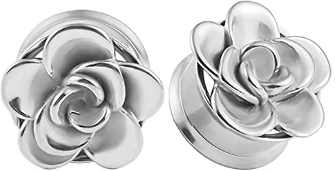 Bishilin Ohr Plug Set, Piercing Tunnel 8MM Rose Blume mit Schraubverschluss Silber Ear Plugs Ohr Expander Edelstahl