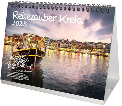 Reisezauber Kreta DIN A5 Tischkalender für 2025 Heraklion Griechenland - Inhalt: 1x Kalender 1x Weihnachtsanhänger 1x Grußanhänger (gesamt 3 Teile)