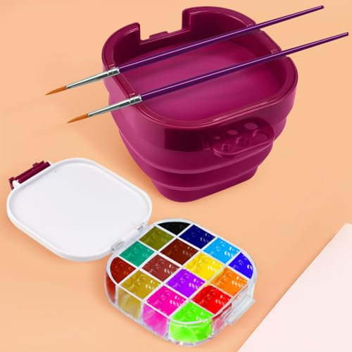 KLYNGTSK Paint Palette Box with Foldable Paint Brush Washer Portable Multifunctional travel paint palette box 16Wells Airtight Paint Saver with Lid for Acrylic Gouache Paint Watercolor Oil Paint,Red