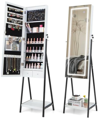 COSTWAY Armoire à Bijoux sur Pied, Miroir Pleine Longueur avec Lumières LED 3 Couleurs, Interrupteur Tactile, Porte Verrouillable(Blanc)
