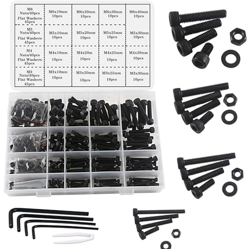 huruirui Bulloni e Dadi Viti M3 M4 M5 M6 Nero Incassato Bulloni Set, 500Pezzi In Acciaio al Carbonio Assortimento di Dadi e Viti, Esagonale con Meccanico Bullone Rondelle Chiave Inglese Kit