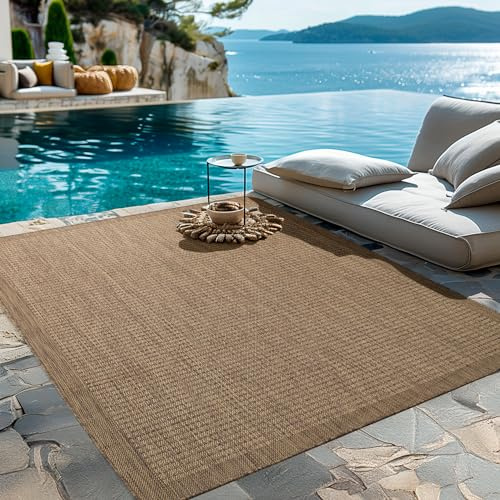 HomebyHome In- & Outdoor Teppich Wetterfest 240 x 340 cm Einfarbig Braun - Waschbar, Wasserfest, Pflegeleicht und Flachgewebe - Ideal für Balkon, Garten, Terrasse und als Küchenteppich