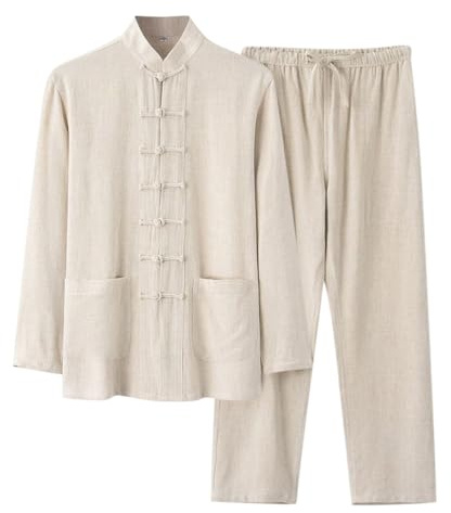 Oanviso Herren Leinenanzug Langarm Hemd und Hosen Set Traditionelle Kampfkunst Freizeitanzug Kung Fu Tai Chi Wushu Chinesische Zweiteiler Set Training Uniform Kleidung Baumwolle Anzug A Beige M