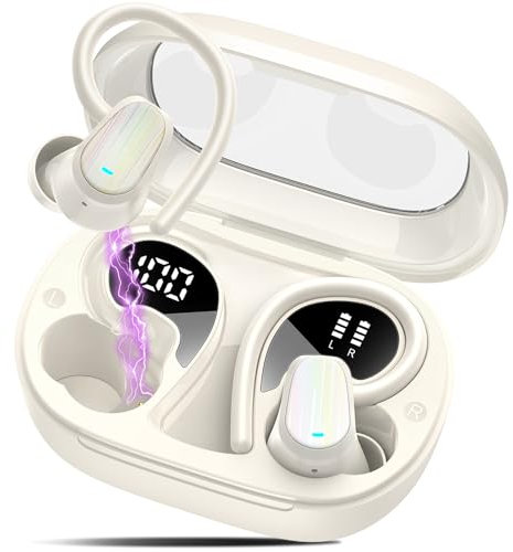 OYIB Auriculares inalambricos Deportivos, 2024 Auriculares Bluetooth 5.4 con HiFi Estéreo, HD Micrófono, 50H Cascos Inalambricos con Pantalla LED, IPX7 Impermeable Auriculares para Sport, Blanco