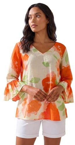 Roman Floral Print Frill Sleeve Top for Women UK - Ladies Spring Everyday Summer Holiday V-Neckline Comfy 3/4 Sleeve Soft Woven Fabric Shirt Vacation Blouses - Floral Orange - Size 14
