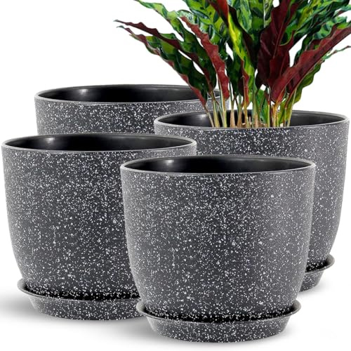 SE SUN-E Pflanzgefäße für Garten Zimmerpflanzen, Indoor Outdoor Blumentöpfe Set mit Tabletts 8 Zoll Garten Töpfe, Pflanzgefäße für Indoor-Pflanzen, gesprenkelt schwarz