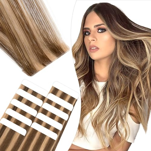 Elailite Tape Extensions Echthaar #4P27 Mittelbraun/Honigblond, 10 Stück Unsichtbar Kleber Haarverlängerungen 20g, 25cm Genähtes Haar Glattes Invisible