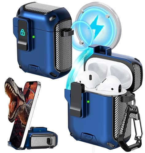 RFUNGUANGO Kompatibel mit AirPods 2 Hülle,Kompatibel mit MagSafe-Aufladung, automatisches Aufklappen mit Sicherheitsverriegelungsclip,mit Handyhalterfunktion,Black-Switch Blaues Gehäuse