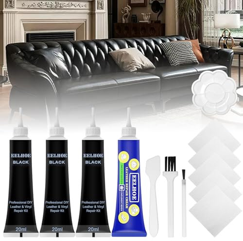 Hcunbsu 4 Stück Leder Reparatur Set, Lederreparatur Creme, Lederreparaturset Schwarz, Leder-Restaurator, Flüssigleder Reparatur Set, Kunstleder Reparaturset Schwarz für Autositze Sofas Schuhe 20ml