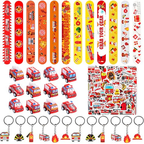 GUBOOM 86 Pezzi Pompiere Regalo per Feste, 12 Braccialetti di Schiaffo+12 Giocattoli Camion dei Pompieri+50 Adesivi+12 Portachiavi, Pompiere Decorazione Compleanno Bambini