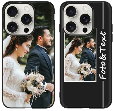 Yoedge Personalisierte Handyhülle für iPhone 15 Pro 6,1, Schwarz Hülle mit Eigenem Foto Bedrucken Bild Text Individuelle Schutzhülle, Selber Gestalten Silikon Handyhülle für iPhone 15 Pro