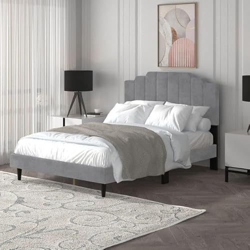 Galano Kiara Upholstered Double Bed – Stylish Fabric Bedframe with Headboard – Sturdy Wooden Slat Support – Easy Assembly for Adults – Modern Bedroom Furniture – Grey