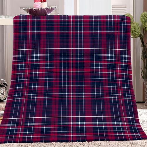 Decke Traditionell Karierte Streifen Blau Rot 130 x 150 cm, Warm Flauschige Flanell Kuscheldecken Für Kinder Jugendliche Erwachsene, Weiche Decke als Schlafdecke Tagesdecke Sofadecke