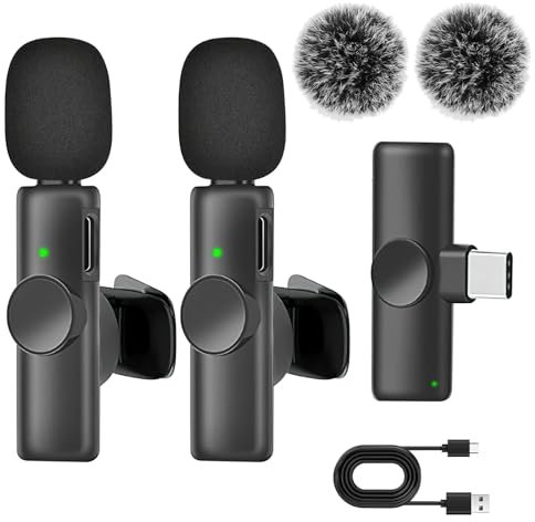 2Pack Type C Wireless Lavalier Microphone for iPhone 15&16&Android, Lapel Wireless Mic, Mini Clip on Microphone Plug-Play with Auto Noise Reduction for Video Recording Tiktok Vlog ASMR Vlogging(2Mics)