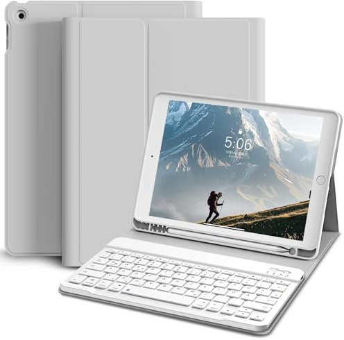 KVTVOU Étui clavier pour iPad 9e/8e/7e génération 10,2 pouces 2021/2020/2019, clavier OWERTZ amovible sans fil, porte-stylo intégré, gris