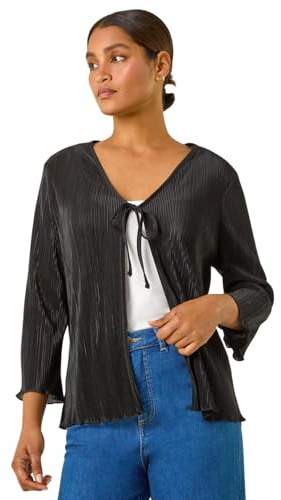 Roman Stretch Tie Detail Plisse Cardigan for Women UK - Ladies Autumn Everyday Winter Holiday V-Neckline Comfy Long Sleeve Soft Knot Front Shirt Cozy Tops - Black - Size 12