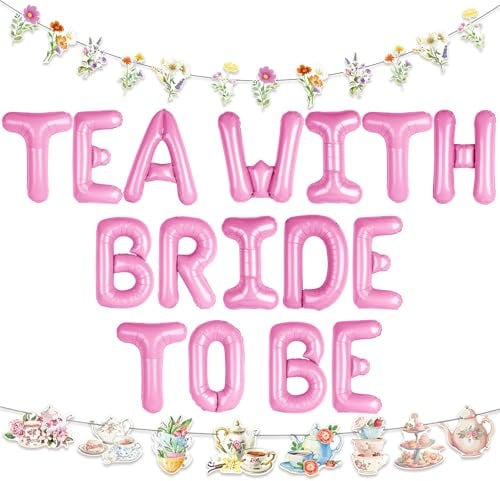 LaVenty Tea With Bride To Be Balloons Tea Party Decorations Balloon Garland Arch Banner Floral Butterfly Teapot Banner for Bridal Shower Bachelorette Wedding Party
