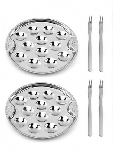BAOPUSHIDAJILI Escargot Plate Set, 2 Stainless Steel Snail Dishes with 4 Forks, 12-Hole Seafood Serving Plates, 19 cm