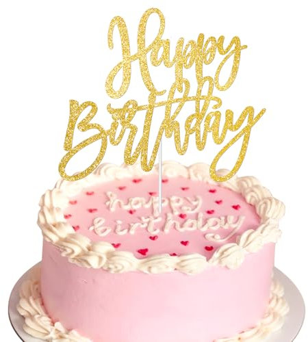 InnoHHustle Happy Birthday Cake Topper, Gold Glitter, 1 Piece, 5.5 Stick, 6.4x5.3 Card, Perfect for Birthday Parties