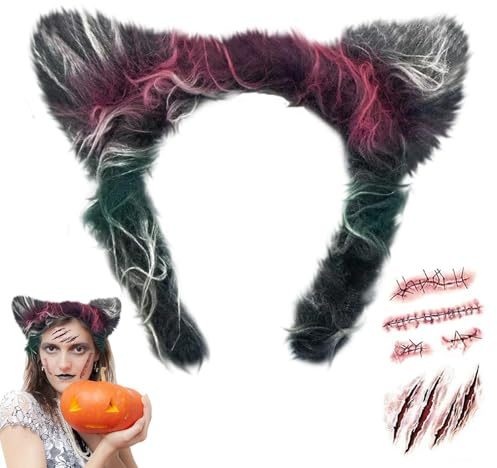 XIEXIESHER Werwolf Ohren Haarreif und Narbenaufkleber, Wolf Haarreif Werwolf Kostüm Herren Damen, Werwolfs Kostüm Kinder für Halloween, Karneval, Motto Party
