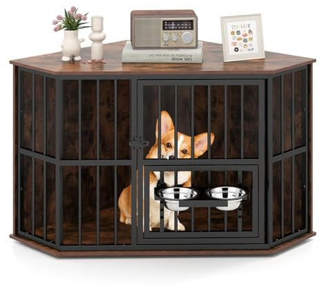 GYMAX Eck-Hundekäfig Möbel, Hundehütte Indoor mit abschließbaren Türen, verstellbarem Futtertrog & 2 Edelstahlnäpfen, Hundebox für mittelgroße kleine Hunde, Braun (114 x 60 x 68 cm)