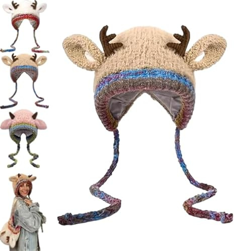 Kreatives Geweih Hut & Tasche 2-in-1 Festliche Rentier Gestrickte Weihnachtsmütze Warme Faltbare Mütze Handtasche für Frauen