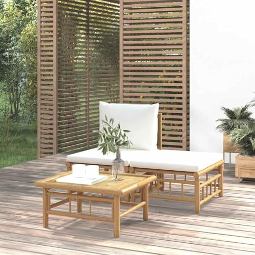 IBUQDDV Ensemble de salon de jardin 3 pièces avec coussins en bambou crème, ensemble de canapé d'extérieur avec coussins confortables et table basse robuste, meubles en rotin de bambou durable pour