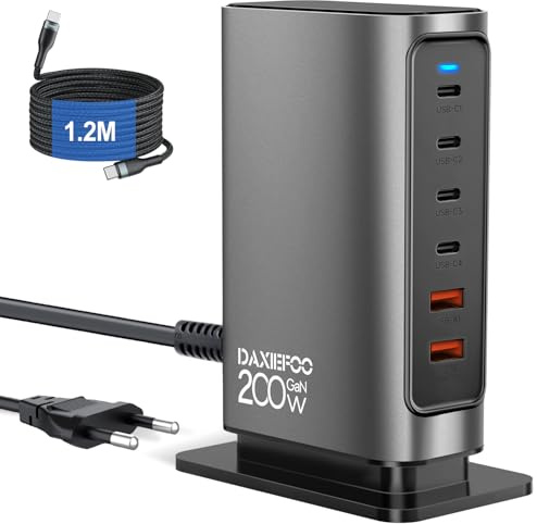 USB Ladestation Mehrfach 200W 6-Port USB C Ladegerät PD 20W 100W GaN Ladestation Kompatibel mit iPhone 16/15/14/13, Galaxy S24/S23, MacBook Air, Dell XPS, iPad mini