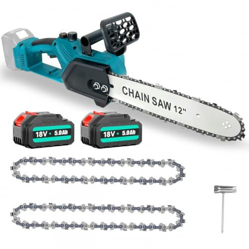 Upgrade 12 Zoll Akku kettensäge mit 2x18V 5,5 Ah Akku und Ladegerät | 4100 U/min Kupfermotor , Automatische Schmierung Bürstenlose Kettensäge für Baumschnitt, Holzschneiden, Gartenarbeit
