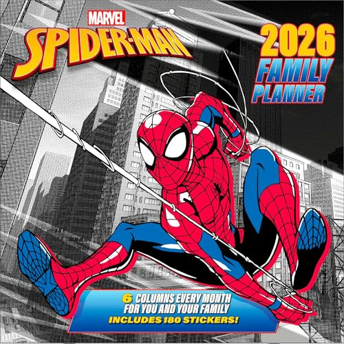 Pyramid - SPIDER-MAN 2026 – Familienplaner 30×30 cm (aufgeklappt 30×60 cm) mit 12 Marvel-Motiven von Spider-Man in Action, Wandkalender für Familien & Superhelden-Fans
