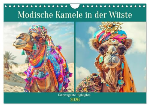 Modische Kamele in der Wüste. Extravagante Highlights (Wandkalender 2026 DIN A4 quer), CALVENDO Monatskalender: Orientalische Divas zeigen Wüsten-Haute Courture vom Feinsten! (CALVENDO Tiere)