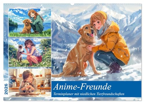 Anime-Freunde - Terminplaner mit niedlichen Tierfreundschaften (Wandkalender 2026 DIN A2 quer), CALVENDO Monatskalender: KI Anime-Abenteuer mit Hunden und Katzen (CALVENDO Menschen)