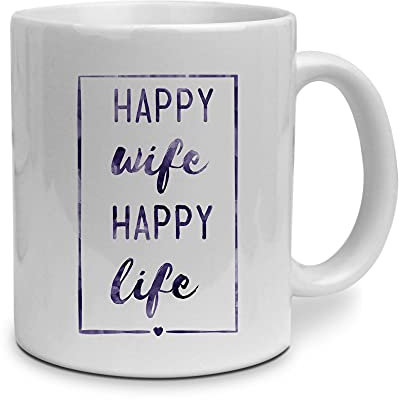 printplanet Tasse mit Spruch: Happy Wife Happy Life - beidseitig Bedruckt - Kaffeebecher, Mug, Becher, Kaffeetasse - Farbe Weiß