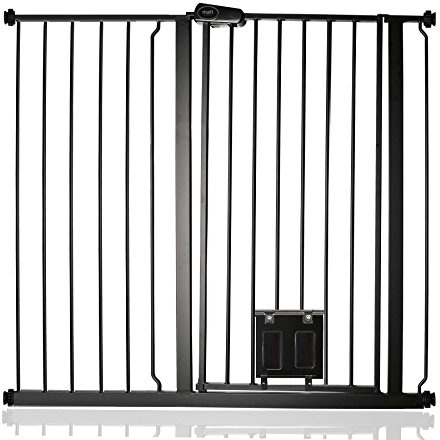 Bettacare Pet Gate with Lockable Cat Flap, 107.4cm - 115cm, Black, 104cm in Height, Extra Tall Dog Safety Barrier with Cat Flap, Easy Installation