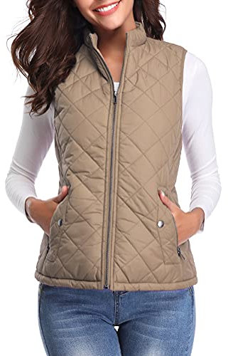fuinloth Damen Weste, Herbst Leichte Steppweste Westen Ärmellos Jacke Kurz Vest Gilet Khaki XL