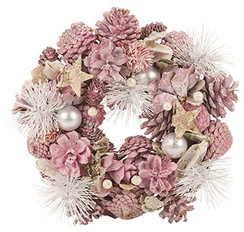 URBNLIVING Artificial Christmas Wreath, Resin Material Pinecone Leaves Berries Xmas Indoor Outdoor Ornament Display Item, 24-34cm, Multiple Colours (Pink, 24cm)