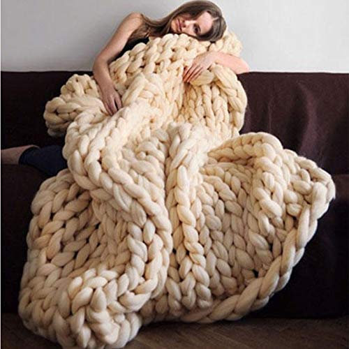 YUANP Chunky Wolle Decke Gestrickt Geflochtene Wolldecke Grob Grobstrick Riesen Strick,Beige-50 * 50cm