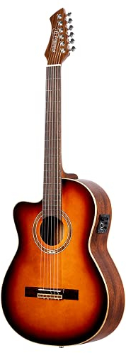Ortega Guitars Konzert Gitarre Linkshänder – Elektro-Akustisch, 4/4, Slim Neck – Performer Series – Inklusive Gig Bag – Massive Sitka Fichte, Mahagoni, Hochglanz Mehrfarbig (RCE238SN-FT-L)